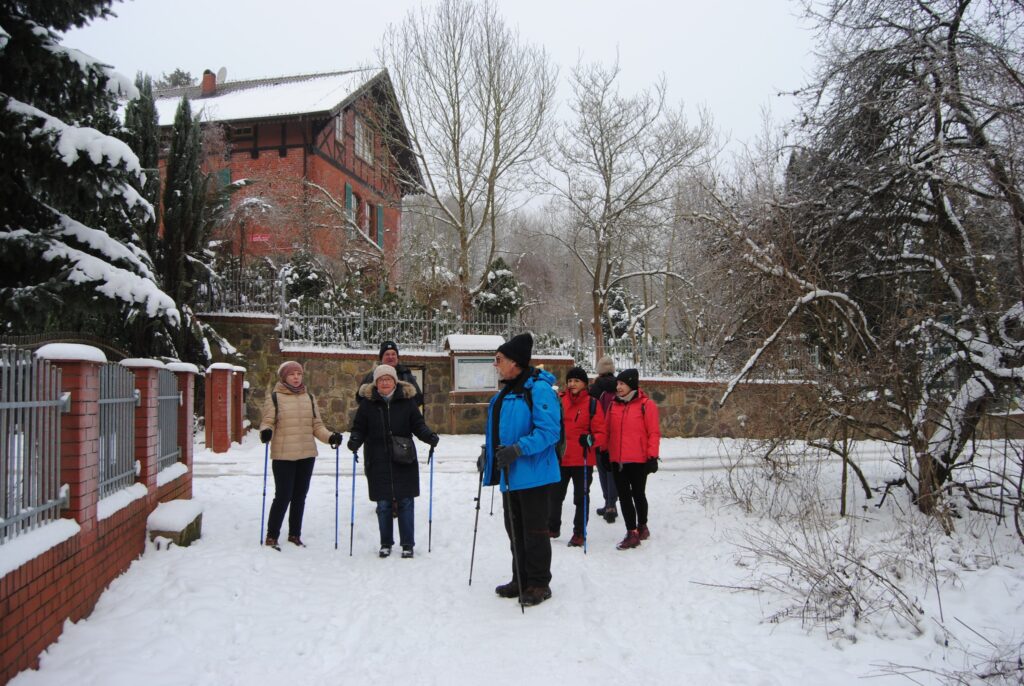 Grupa seniorów spaceruje przez las zimą