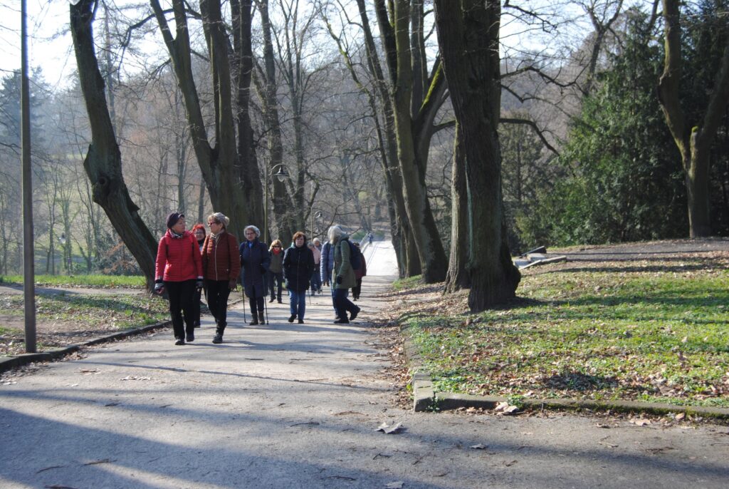 seniorzy spacerują po mieście i parku