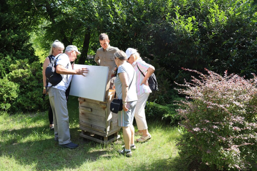 zdjęcie przedstawia uczestników wycieczki zwiedzających ogród dendrologiczny w Nadleśnictwie Mieszkowice