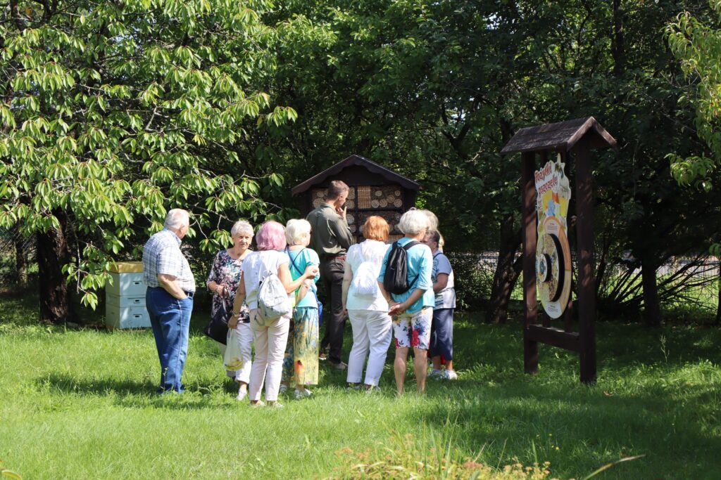 zdjęcie przedstawia uczestników wycieczki zwiedzających ogród dendrologiczny w Nadleśnictwie Mieszkowice