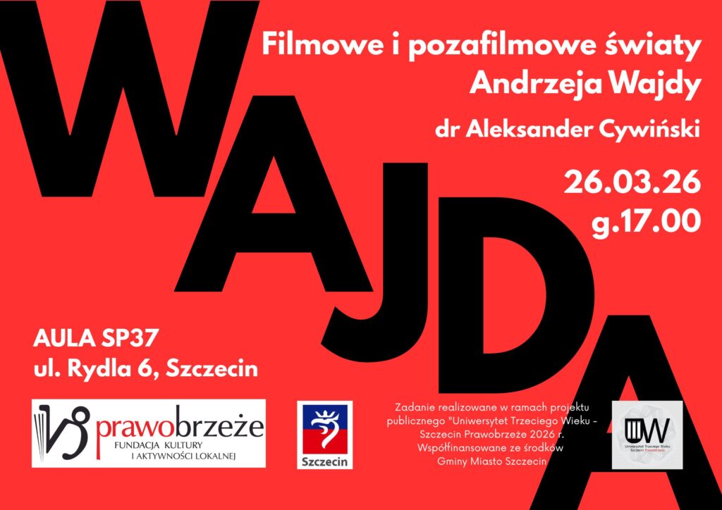 zdjęcie przedstawia plakat promujący wydarzenie, na czerwonym tle widnieje duży napis WAJDA