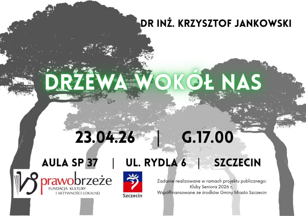 plakat przedstawia zarys pięciu sosen o różnej wielkości