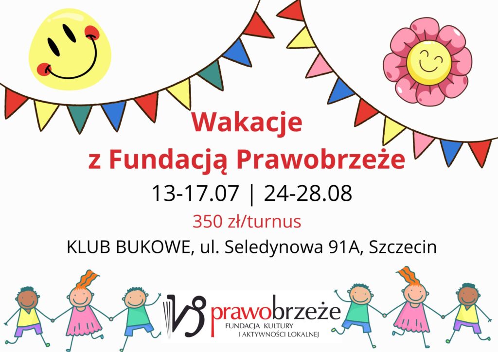 plakat promujący warsztaty dla dzieci z grafiką uśmiechniętej buźki, kwiatka i kilku rozbawionych dzieci
